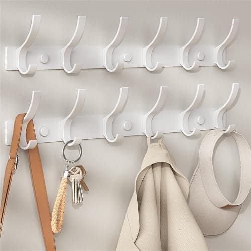 Optish Coat Rack Wall Mount, Coat Hook Wall Mount, Wall Hooks for Hanging, Hat Rack for Walls, Coats Hanger with 12 Hook, Towel Hooks for Bathrooms (2 Pack, White) - Image 1