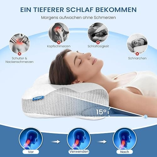 Dozion Nackenkissen Kopfkissen Memory Foam Kissen, Ergonomisches Kopfkissen Seitenschläferkissen,Halswirbelkissen Stützendes Nackenkissen Schlaf Kissen Pillow für Seiten Rücken & Bauchschläfer(1 Pcs) thumbnail 3