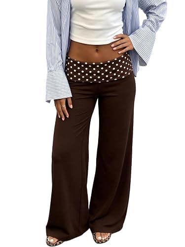 TELUPDI Womens Polka Dot Fold Over Yoga Pants Low Rise Wide Leg Flare Leggings Bell Bottom Lounge Y2K Foldover Pants - Image 1