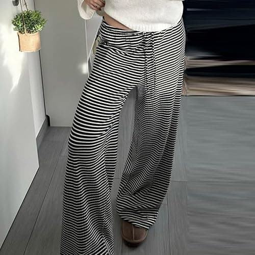 Bosloga Striped Wide Leg Pants for Women - Casual Loose Fit High-Waisted Drawstring Pajama Pants - Straight Trousers thumbnail 2