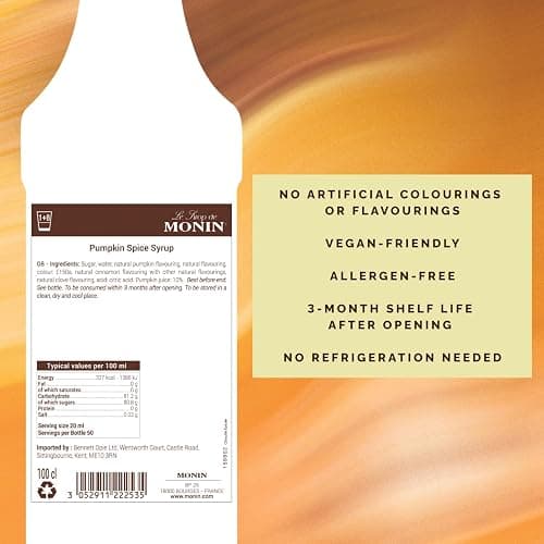 MONIN Premium Pumpkin Spice Syrup 1L for Coffees, Frappes and Cocktails. Vegan-Friendly, Allergen-Free, 100% Natural Flavours and Colourings. Perfect for Pumpkin Spice Lattes thumbnail 2