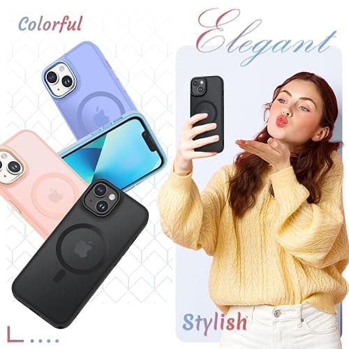YENAPOON for iPhone 14 Case, iPhone 13 Case, with 1 Screen Protector, Matte Magnetic Slim Phone Cover, Support for Magsafe, Shockproof Protection Translucent Frosted Back,Black thumbnail 6