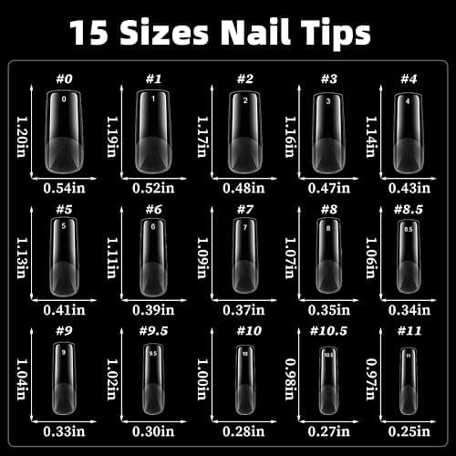 AddFavor Long Square Nail Tips, 300pcs Gel Nail Tips Square Long Fake Nails, Full Cover Clear 15 Size Acrylic Nails Tips for Nail Extensions, Press on Nails Making thumbnail 4