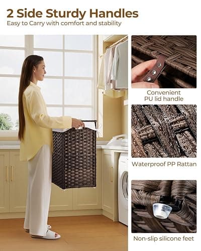 Greenstell Laundry Hamper with Lid, 90L Clothes Hamper with 2 Removable Liner Bags & 2 Mesh Laundry Bags, Handwoven Synthetic Rattan Laundry Basket for Clothes, Toys in Bathroom, Bedroom Brown thumbnail 4