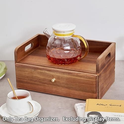 SARUFO Acacia Wood Tea Bag Organizer with Drawer - Tea Station Chest and Storage Box, Coffee and Teabag Holder with 8 Compartments, Containers and Boxes for Countertop Display thumbnail 6