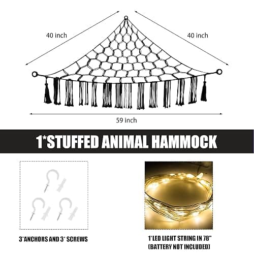 CERETIA Stuffed Animal Hammock with LED Light, Large Stuffed Animals Storage Corner Plushie Net for Kids Room Decor, Black thumbnail 3