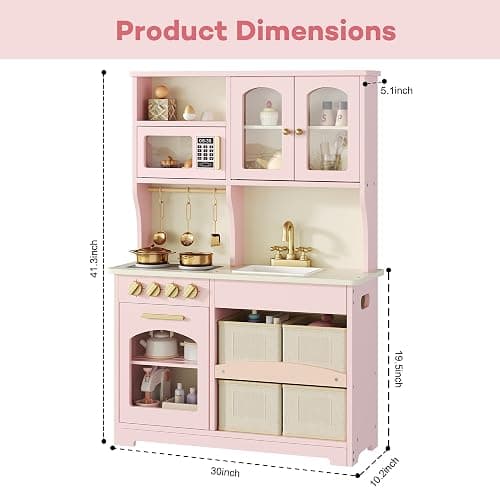knoworld Play Kitchen for Kids, Wooden Toy Kitchen Set with Smart Storage & Accessories, Toddler Kitchen Playset with Stove & Oven, Pretend Play Set, Gift for Ages 3+, Pink thumbnail 2
