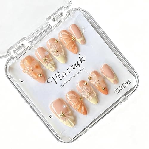 Handmade Press On Nails, Medium Almond Fake Nails with 3D Flowers & Metal Charms, Reusable Full Cover Acrylic Nails,Luxury Orange-Yellow Gradient French Tips for Women.(10PCS Size S) - Image 1
