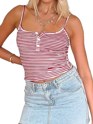 Cioatin Women Cute Sleeveless Striped Print Button Up Crop Cami Y2K Spaghetti Straps Backless Tank Shirt Going Out Tops thumbnail 2