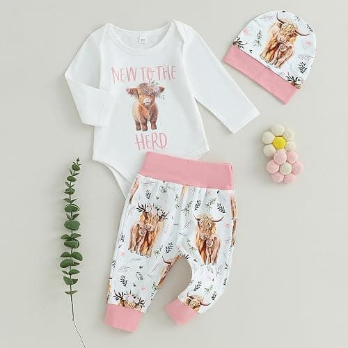 Geogenry Newborn Baby Boy Girl Clothes Highland Cow Print Romper Bodysuit + Pants with Hat 3Pcs Western Coming Home Outfits thumbnail 2