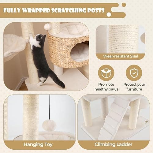 PETSITE 50 inch Cattail Cat Tree Tower, Multi-Level Cat Tower with Sisal Scratching Posts, Cat Condo, Cat Basket, Ladder, and Top Perch with Removable Soft Cushion, Modern Cat Tree for Indoor Cats thumbnail 6