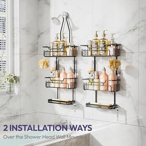 SWTYMIKI Shower Caddy Hanging - Extended Length 3 Tier Rustproof Shower Organizer Hanging, No Drilling Shower Shelves with 16 Hooks & Soap Holder, Anti-Swing Rack, Black thumbnail 3