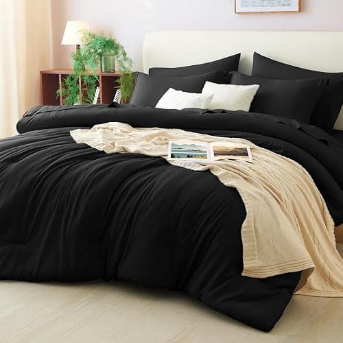 CozyLux Queen Comforter Set Black, 7 Pieces Bed in a Bag Soft Bedding Comforter Set with Sheets, All Season Boho 7PC Bed Sets with Comforter, Fitted Sheets, Flat Sheets, Pillow Shams and Pillowcases - Image 1