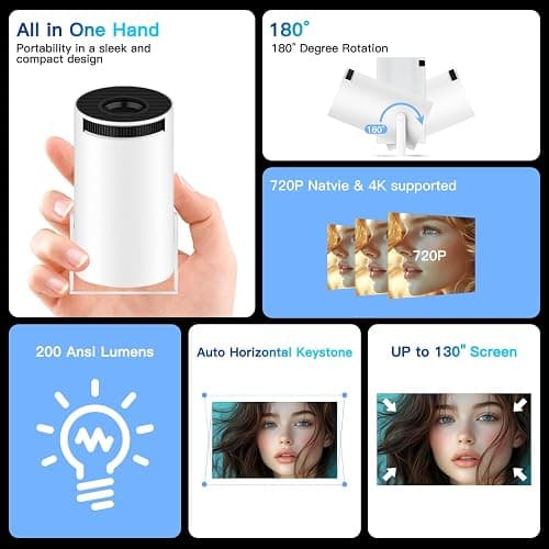 Mini Projector with WiFi and Bluetooth, 4K 1080P Support Portable Projector, 180ANSI, Android 13, Auto Keystone Correction, 30"-200" Screen Video Projector for Laptop, PC, Smartphone thumbnail 4