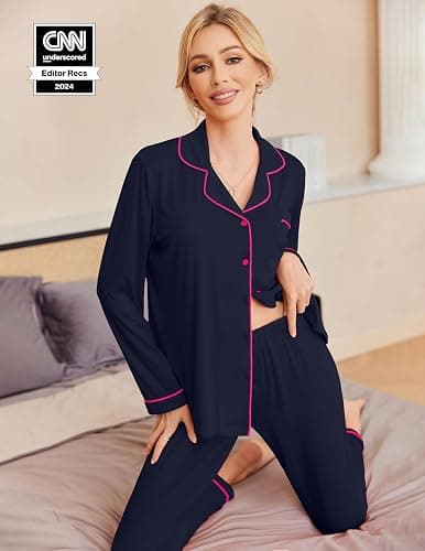 Ekouaer Pajamas Women's Long Sleeve Sleepwear Soft Button Down Loungewear Pjs Lounge Set Nightwear XS-XXL thumbnail 2