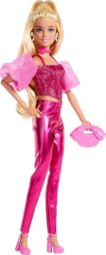 Barbie Deluxe Style Doll #5 in Metallic Pink Outfit, Blonde Hair, Sparkly Corset Top and Shiny Pants with Accessories Like Rose Necklace and Handbag thumbnail 6