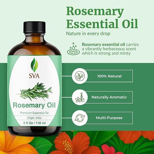 SVA Rosemary Essential Oil – 4 Fl Oz – 100% Natural Rosemary Oil for Hair, Face, Skin Care, Diffuser, Aromatherapy, Scalp, Body Massage, Soap and Candle Making – with Dropper thumbnail 2