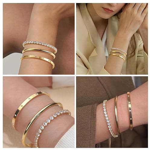 nuneoeuo 3PCS Gold Bracelet Stack Set, Tennis Gold Bracelets for Womens Set Multi Layer Stackable Cuff Bangle, Jewellery Sets for Women Thin Round Bangle Cuff, Gifts for Ladies thumbnail 5
