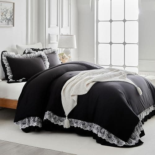 Joyreap Queen Size Comforter Set Black, 3pcs Lace Ruffled Bedding Comforter Set, Microfiber Vintage Boho Chic Bedding Set for All Season- 88x88 inches thumbnail 2