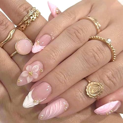 24Pcs French Tip Press on Nails Medium Almond Fake Nails 3D Flowers Gold Bead Design Glossy Pink French Nails Full Cover Press Ons Stick on Nail for Women Handmade Nails Cute False Fingertips thumbnail 2