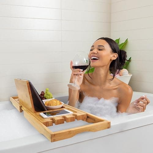 Utoplike Bamboo Bathtub Trays Caddy Bath Tray for Tub, Adjustable Bathroom Bathtub Organizer with Book Tablet Wine Cup Towel Holder, Bathroom Trays thumbnail 2