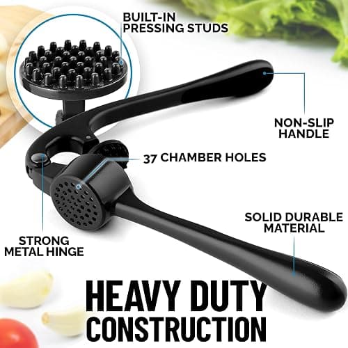 Zulay Kitchen Premium Garlic Press Set - Rust Proof Professional Garlic Mincer Tool - Easy-Squeeze, Easy-Clean with Soft, Ergonomic Handle - Silicone Garlic Peeler & Brush (Black) thumbnail 6