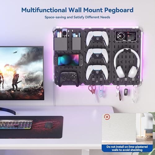 KDD 9 in 1 RGB Gaming Wall Organizer Peg Board - DIY Pegboard Combination Kit with Phone Stand/Pen Holder/Storage Box/Headset & Controller Holder/Hooks for Office & Home Gamer Room Decor Accessories thumbnail 3