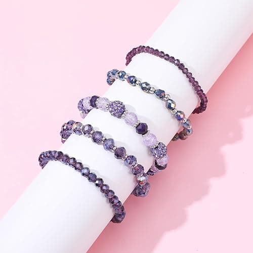 Wanmu 5Pcs Beaded Bracelets for Women, Bohemian Glass Faceted Crystal Beads Bracelet, Stackable Boho Disco Ball Stretch Bracelets, Multilayered Purple Jewelry Gift for Women, Mother's Day thumbnail 4