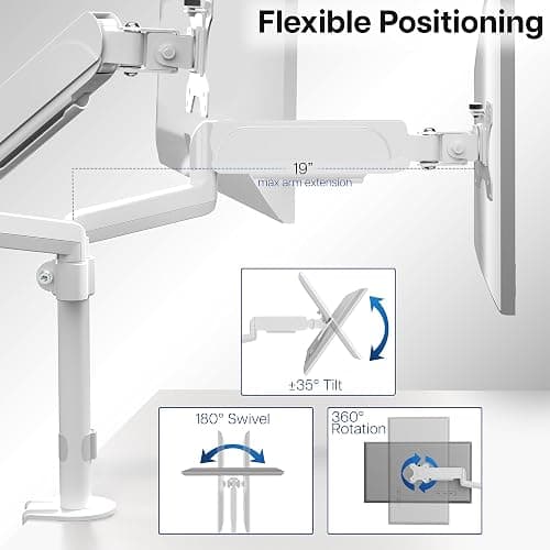 VIVO Dual Monitor Arm Mount for 17 to 32 inch Screens - Pneumatic Height Adjustment, Full Articulating Tilt, Swivel, Heavy Duty VESA Stand with Desk C-clamp and Grommet Option, White, STAND-V002KW thumbnail 5