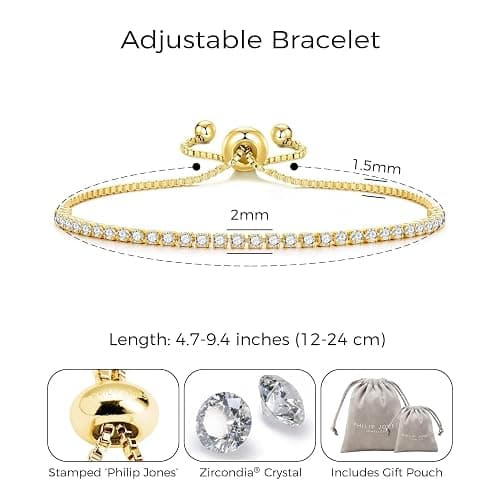 Philip Jones 18k Gold Plated 2mm Adjustable Tennis Bracelet Created with Zircondia® Crystals thumbnail 4