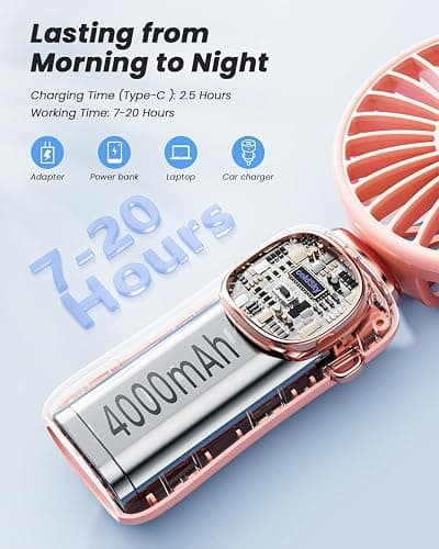 coldSky Portable Handheld Fan, 4000mAh Battery Operated with LED Display, Handheld/Neck/Desk 3 in 1 Personal Small Fan, 90° Foldable Desk Fan with Base, 5 Speed Lash Makeup Fan for Women thumbnail 3