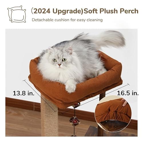 FUKUMARU Cat Scratching Post, Modern Style Cat Tree with Unique Square Post, Wooden Cat Tower with silvervine Balls, Retro Cat Condo Scratcher for Indoor Cats（Solid Wood） thumbnail 5