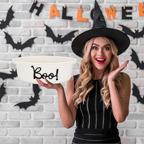 Reallnaive Halloween Boo Woven Basket Cute Storage Spooky Basket with Handle Boo Woven Trick or Treat Gift Organizer for Halloween Party Favors and Decorations Women Men(White,12 x 8 Inch) thumbnail 5
