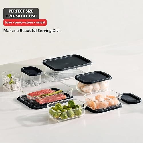EATEX 7 Pack Glass Meal Prep Containers with Grooved Base, 7 Stackable BPA Free Glass Storage Containers with Lids for Lunch, Pantry, and Kitchen - Microwave, Dishwasher Freezer & Oven Safe - Black thumbnail 2