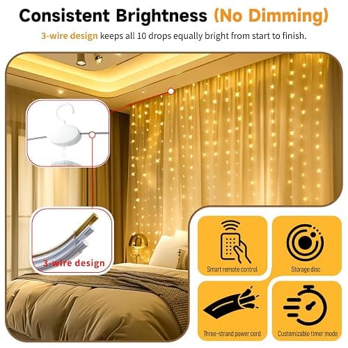 HXWEIYE 300LED Untangled Curtain Lights, 9.8x9.8Ft USB Fairy Twinkle String Lights with Remote and DIY Timer, 8 Modes Window Wall Hanging Light for Bedroom Dorm Backdrop Room Decor, Warm White thumbnail 5
