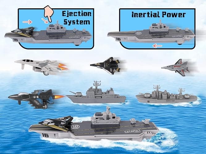 Crelloci Aircraft Carrier Military Naval Ship with Pull Back Army Fighter Jet Toy Small Scale Model Plane Submarine Kids' Play Vehicle Set for Boy Girl Children - Naval Ship-01 thumbnail 3