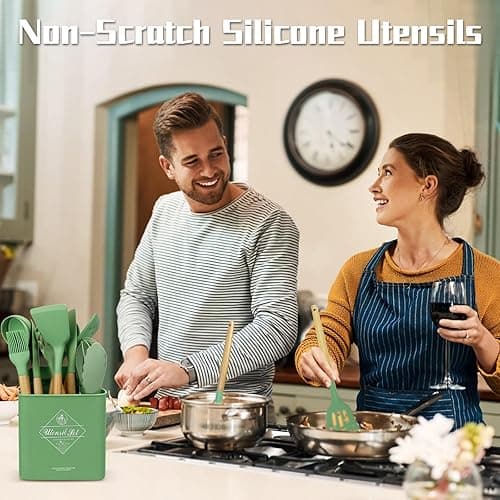 MYKUJA Silicone Cooking Utensils Set, Heat Resistant Kitchen Utensils Set, Spatula,Turner Tongs,Spoon,Brush,Whisk, Cooking Kitchen Utensils Spatula Set, Nonstick Cookware（sage green） - Sage Green thumbnail 2