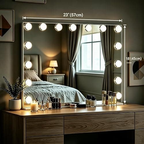 KIMLOONG Hollywood Vanity Mirror with Lights, 23×18 Inch Lighted Makeup Mirror with 3 Color Lights, 15 Dimmable LED Bulbs, USB Charging Port for Dressing Room & Bedroom, Aluminum Metal Frame thumbnail 3