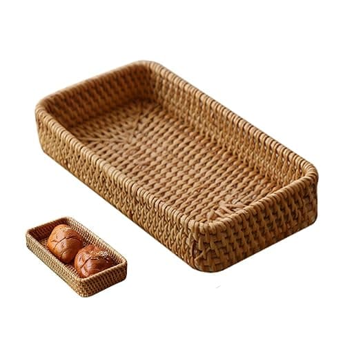 Rattan Serving Trays, Rectangle Decorative Display Tray, Storage Tray, Toilet Tank Paper Trays, Desktop Organiser Platters for Kitchen, Makeup, Vanity, Napkin, Candle, Ornament (Color:Brown) thumbnail 9