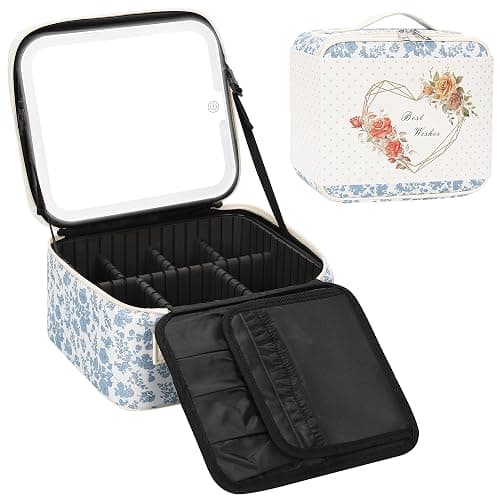 Relavel Travel Makeup Bag with LED Mirror, Portable Cosmetic Train Case with 3 Color Lighted Brightness Mirror, Makeup Artist Organizer Storage with Adjustable Dividers Make Up Box - Blue Flower thumbnail 9