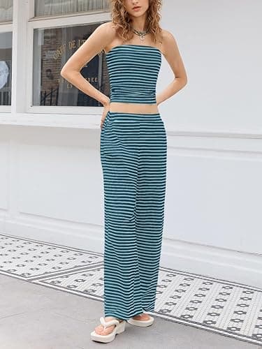 Tankaneo Womens Striped 2 Piece Sets Summer Strapless Crop Tube Tops Wide Leg Pants Matching Lounge Set Vacation Outfits thumbnail 4