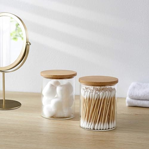INIUNIK 4 Pack Glass Qtip Holder Dispenser Glass Apothecary Jars with Lids Cotton Ball Swab Pad Holder Bathroom Essential Canisters Accessories Jars for Bathroom Organization Vanity Organizers thumbnail 2
