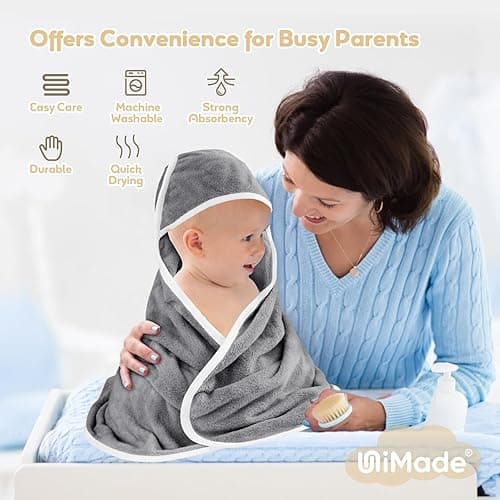 UNIMADE Hooded Towel for Newborn, 4 Pack Soft Coral Fleece Baby Towels, Ultra Absorbent Bath Cloths Bulk for Infants, Toddlers, Newborn Essential- 30 x 30 inch - Grey - Grey thumbnail 5