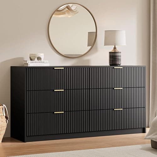 MAISONARIA Black 6 Drawer Dresser for Bedroom, 55" Wide Modern Chest of Drawers with Gold Metal Handles, Fluted Wood TV Stand for Living Room, Hallway thumbnail 3