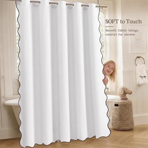 Furlinic Scalloped Shower Curtain No Hook 96 Inch White Linen Fabric Waterproof Extra Wide Wrap Around Curtain, Vintage Modern Bright Heavy Hotel Neutral Textured Elegant Cloth Curtain W 96" x H 75" thumbnail 7