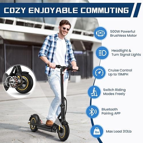 DXH Electric Scooter for Adults, Folding E Scooter with 500W Motor 19 Mph Top Speed, Max 21 Miles Long Range, 10'' Solid Tires Commuting Scooters, Dual Braking System and App Control thumbnail 5