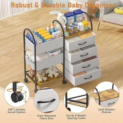 ONWAYHOME Baby Diaper Caddy Organizer Cart with Wheels, 4-Tier Rolling Diaper Cart with Dividers and Drawers, Multi-Layer Nursery Storage for Diapers & Baby Essentials thumbnail 6