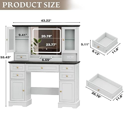 Xixini 43.3" Farmhouse Vanity Desk with LED Mirror, RGB Cabinets, White | Makeup Vanity Table with 6 Drawers, Storage Cabinets & Open Shelves, Power Outlet, 3 Light Modes & Dimmable for Women & Girls thumbnail 2