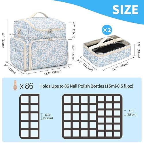 CUBETASTIC Extra Large Nail Polish Organizer Case Holds 86 to 100+ Bottles Nail Polish & Nail Lamp, Nail Supplies Storage Carrying Bag with 2 Removable Pouches (Blue Floral, 86 Slots) thumbnail 5