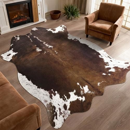 DweIke Faux Cowhide Print Rug for Living Room, 4.6 x 5.2 ft Dark Brown Western Animal Cow Hide Rugs, Non Slip Cool Cow Skin Carpet for Bedroom Dining Room Farmhouse Entrance Home Decor - Image 1
